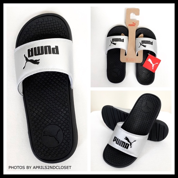 PUMA SILVER BLACK SLIDES SANDALS CAT SLIP ONS A2C - Picture 2 of 8